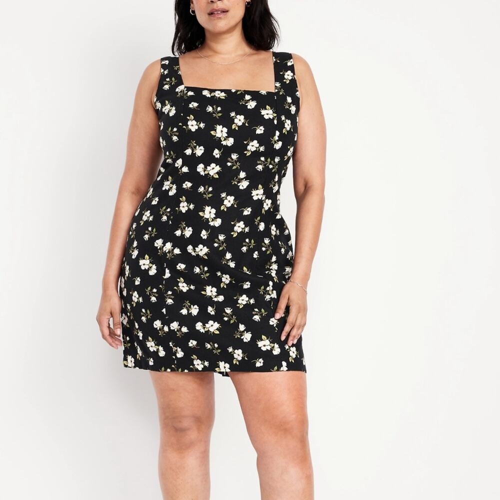 Old Navy black floral Square-Neck Linen-Blend Mini Dress
